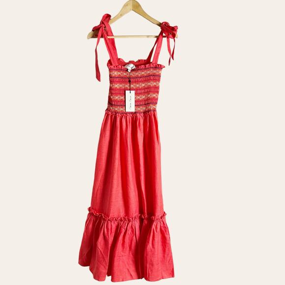 Cara Cara NYC Jenny Hibiscus Linen Smocked Tie Shoulder Midi Dress Size S - Picture 6 of 16